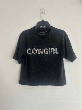 Ariat Black Crop Cowgirl Rhinestone Pearl Embellished Cow Girl Western Tee NEW